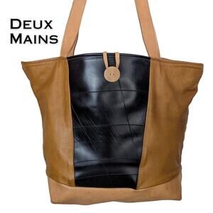 Deux Mains Leather Tote Bag Brown w/Black Recycled Panel Handmade Artisan Haiti